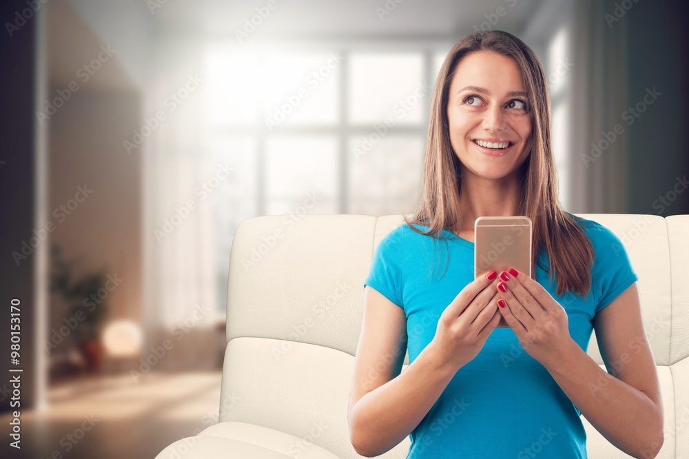 Female business person working at home use phone Female business person working at home use phone