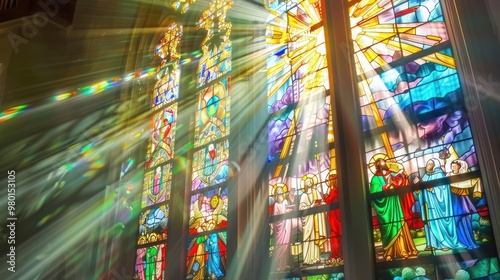 Sunlight Streaming Through Stained Glass Window