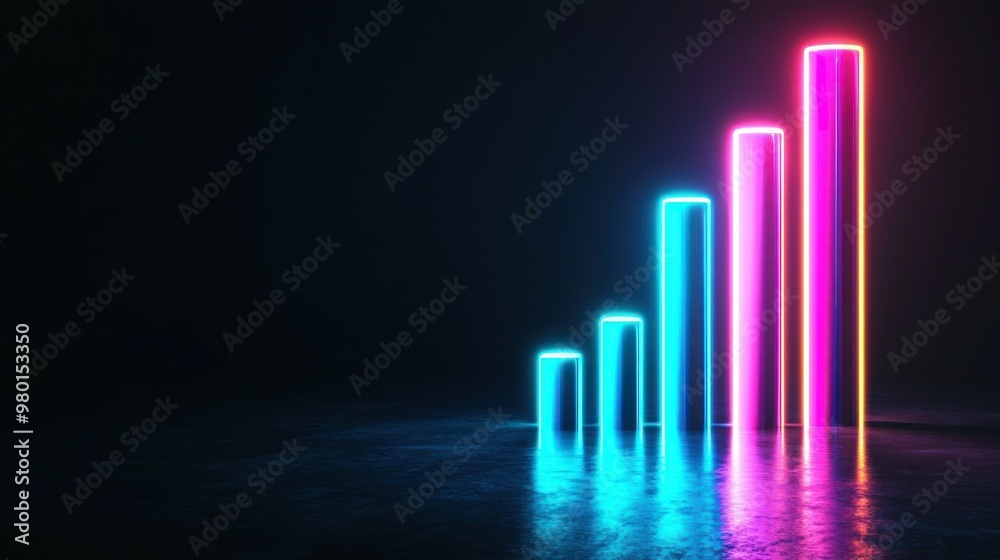 Vertical bar graph with glowing neon colors, dynamic financial data, futuristic business presentation Vertical bar graph with glowing neon colors, dynamic financial data, futuristic business presentation