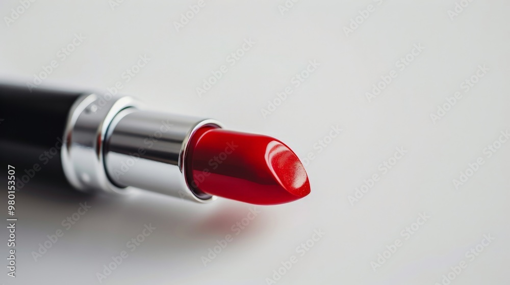 Bright red lipstick with the cap off on a white background Bright red lipstick with the cap off on a white background