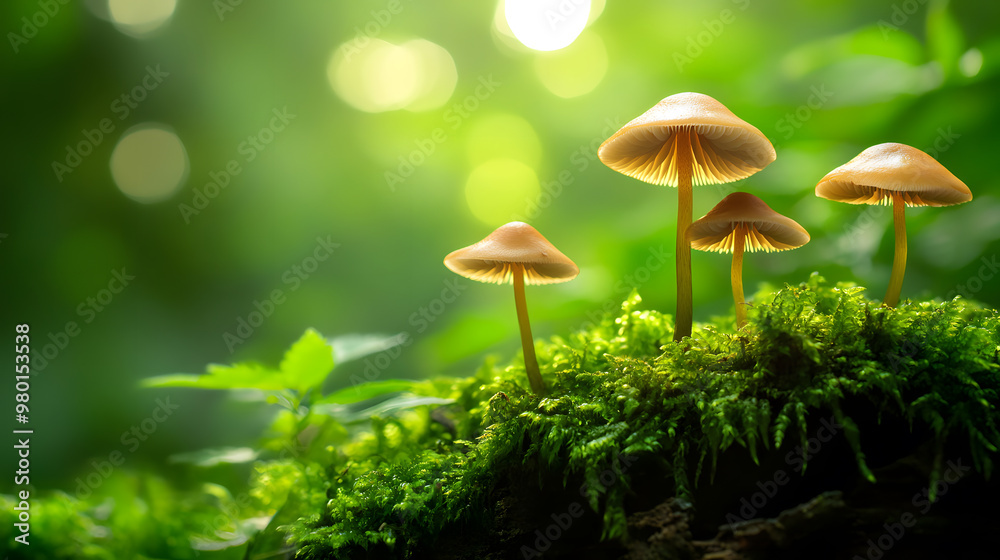 Slender-stemmed mushrooms with brown caps growing on a mossy log in a softly lit forest. Slender-stemmed mushrooms with brown caps growing on a mossy log in a softly lit forest.