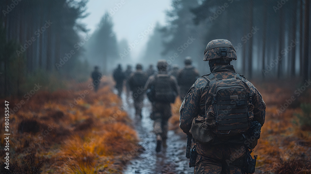 Soldiers marching through a foggy forest, showcasing teamwork, resilience, and dedication in a military environment. Soldiers marching through a foggy forest, showcasing teamwork, resilience, and dedication in a military environment.