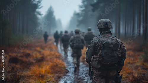 Soldiers marching through a foggy forest, showcasing teamwork, resilience, and dedication in a military environment.