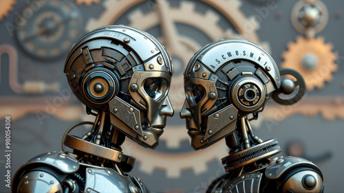 Two mechanical heads in profile. photo