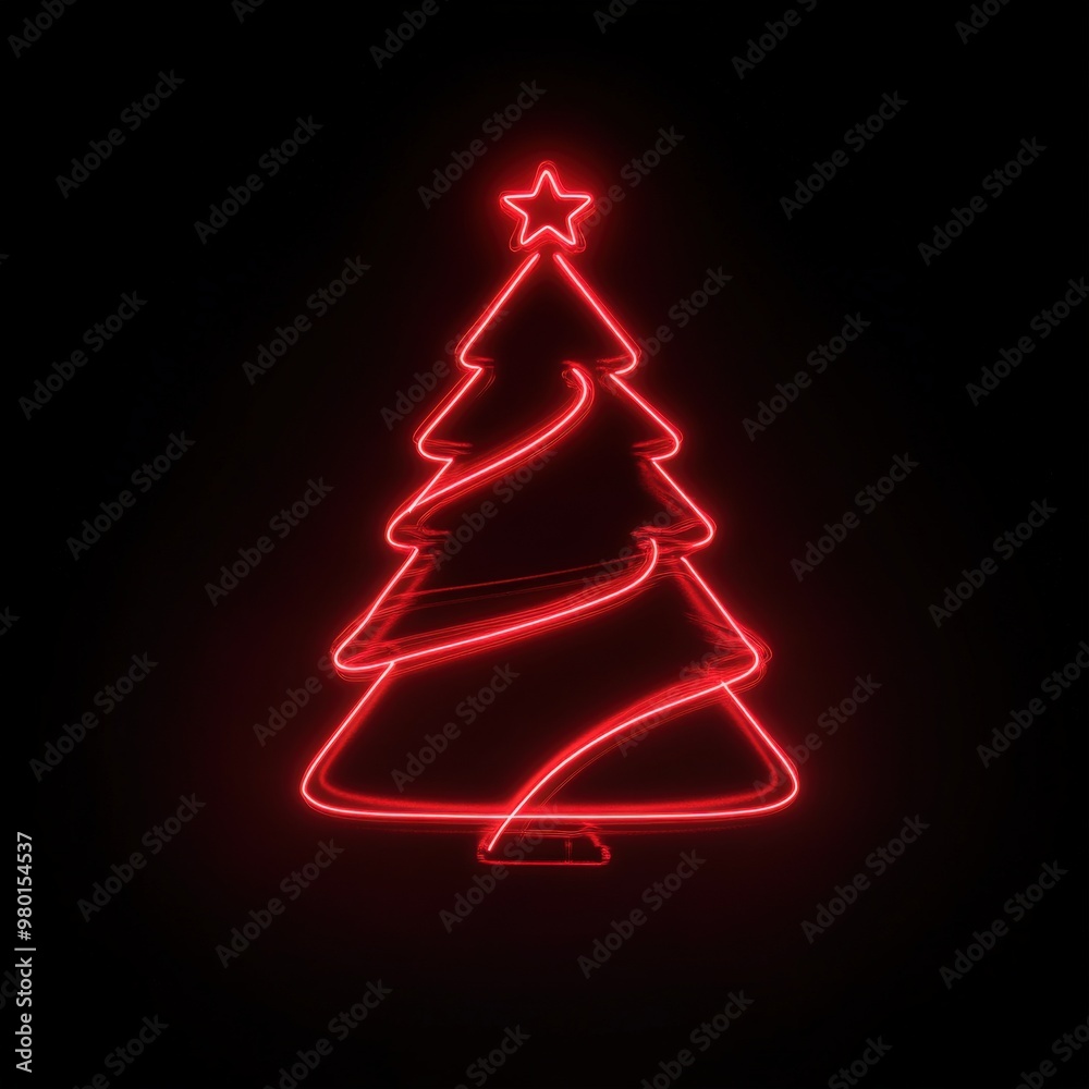 Minimalist glowing neon Christmas tree on black background Minimalist glowing neon Christmas tree on black background