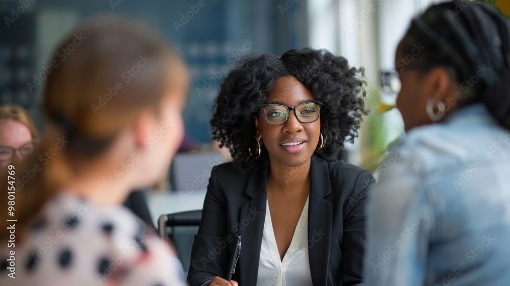 Business meeting with diverse team members discussing a project plan Business meeting with diverse team members discussing a project plan