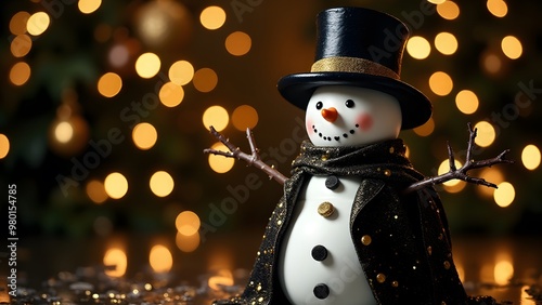 A snowman in a top hat with gold accents stands with golden bokeh lights in the background photo