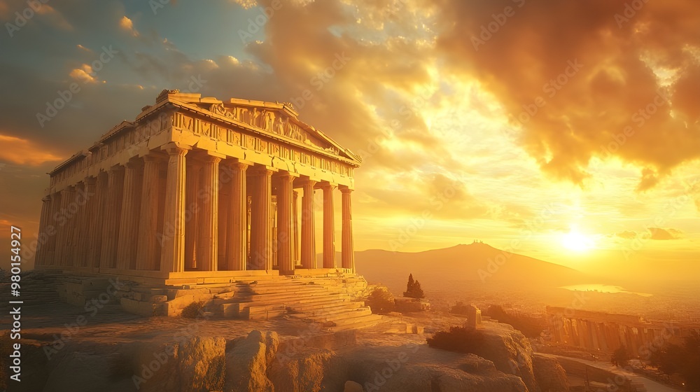 Obraz premium Classic Greek temple façade with Doric columns among olive trees and skies