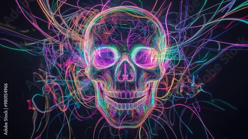 A vibrant, abstract skull design illuminated with colorful light trails against a dark background, creating a striking visual effect. photo