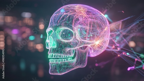 A vibrant 3D representation of a skull illuminated with colorful lights, showcasing a fusion of art and science.