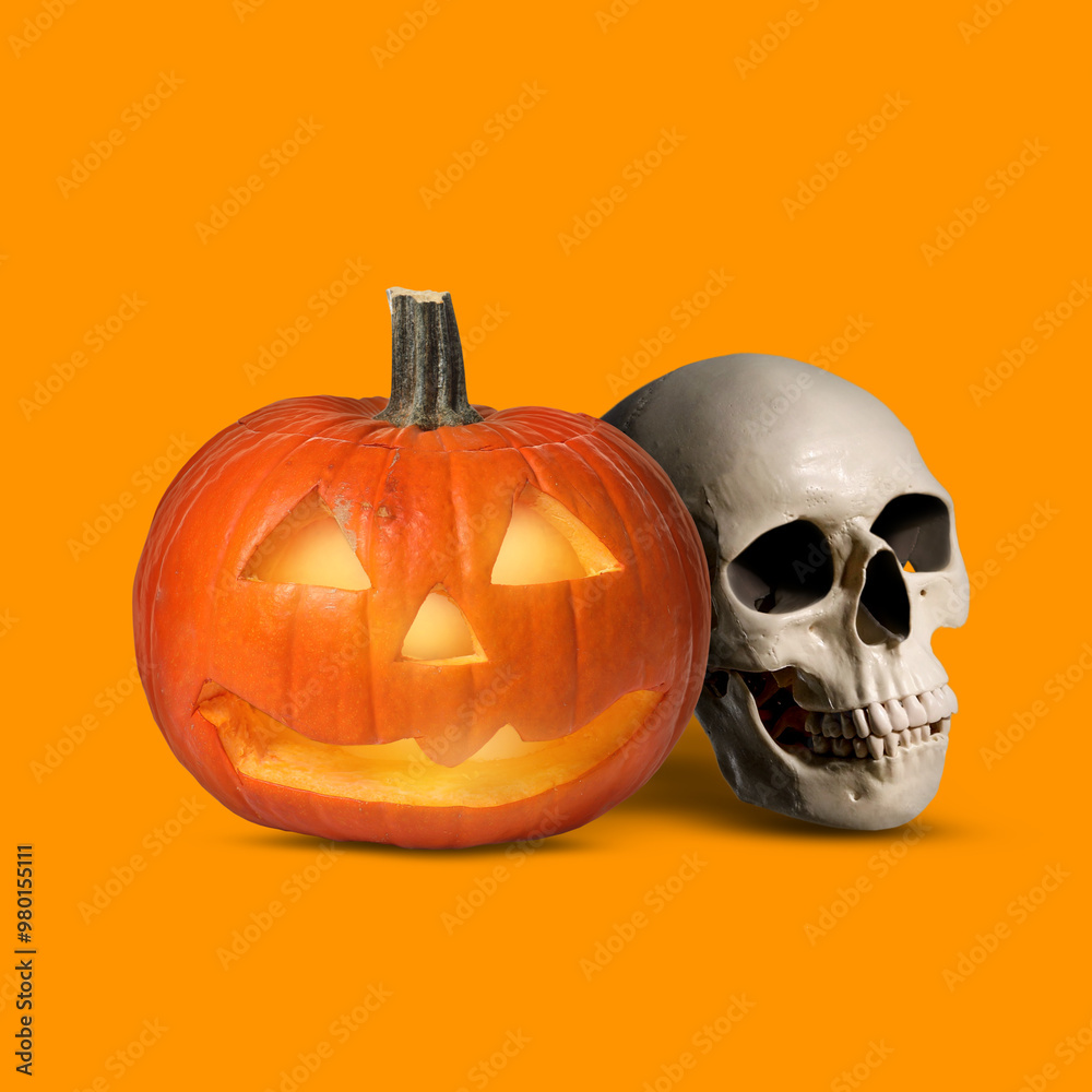 Spooky glowing jack o'lantern and scary skull on orange background. Halloween celebration Spooky glowing jack o'lantern and scary skull on orange background. Halloween celebration