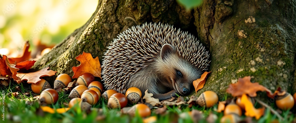 Fototapeta premium Hedgehog curled up in a ball surrounded by acorns and leaves in the forest.