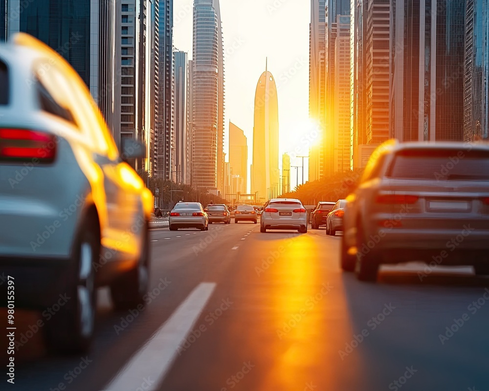 Naklejka premium A vibrant cityscape featuring cars driving towards a sunset, capturing the essence of urban life and movement.