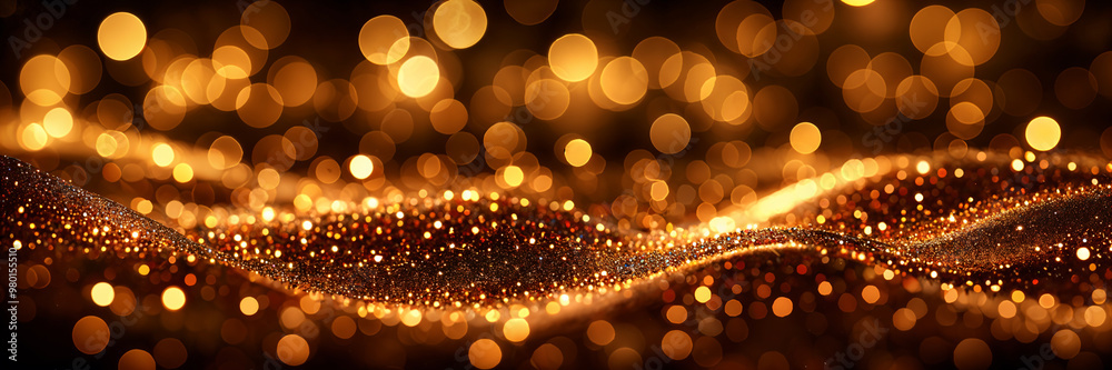 Close-up of golden sparkling particles that create a wavy, flowing pattern across the frame, with a darker background that contrasts with the bright, glittery effect. Close-up of golden sparkling particles that create a wavy, flowing pattern across the frame, with a darker background that contrasts with the bright, glittery effect.