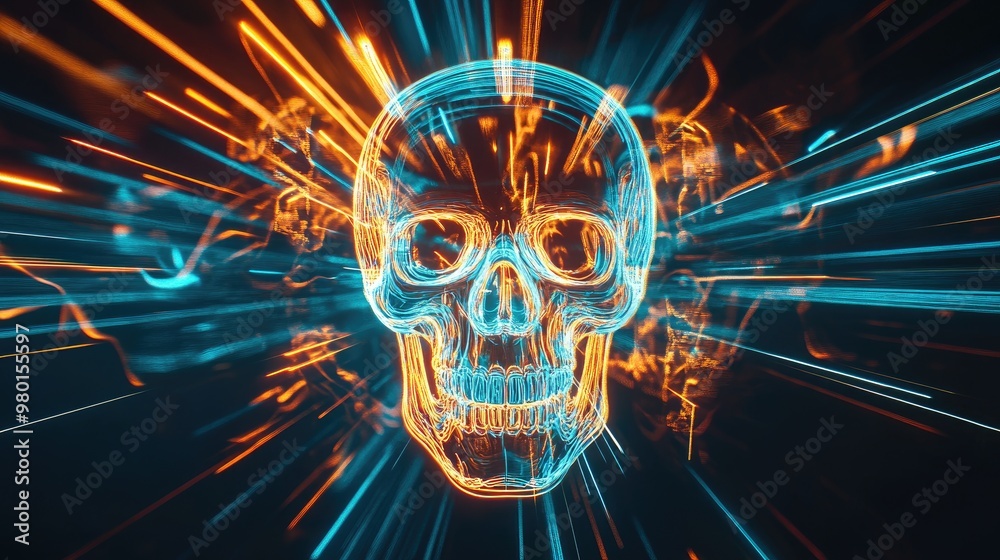 A vibrant depiction of a neon skull surrounded by colorful light rays, representing modern digital art and creativity. A vibrant depiction of a neon skull surrounded by colorful light rays, representing modern digital art and creativity.