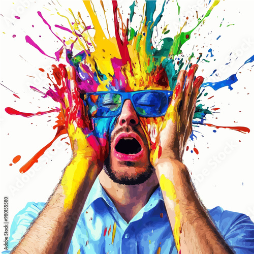 Man overwhelmed by colorful paint splashes, representing creativity and stress. Ideal for mental health and creative overload concepts.