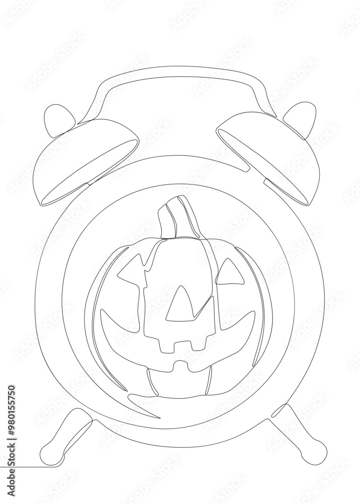 One continuous line of alarm clock with Halloween Jack O' Lantern pumpkin. Thin Line Illustration vector concept. Contour Drawing Creative ideas.
One continuous line of alarm clock with Halloween Jack O' Lantern pumpkin. Thin Line Illustration vector concept. Contour Drawing Creative ideas.