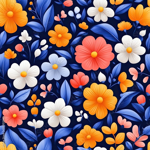 A vibrant floral pattern featuring colorful flowers against a dark background, perfect for design projects and textile applications.