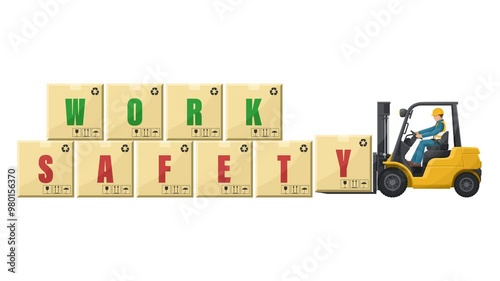 Animation of a worker driving a forklift loading boxes with the word safety work. Lift truckt transporting a pallet of packing boxes to a warehouse. Industrial safety