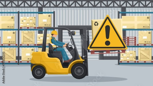 Animation of do not drive with the forks raised or with a elevated load. Safety in handling a fork lift truck. Security First. Accident prevention at work. Industrial Safety and Occupational Health