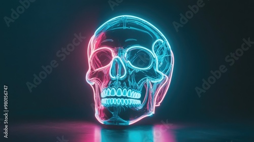 A vibrant neon skull illuminated in striking blue and pink hues against a dark backdrop, showcasing modern art and creativity.