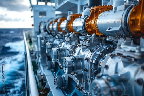 Close up of a marine diesel engine  ship equipment and river vessel construction insights photo