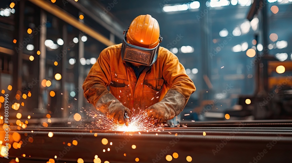 A worker in an orange suit welding metal, creating bright sparks in a modern industrial setting. A worker in an orange suit welding metal, creating bright sparks in a modern industrial setting.