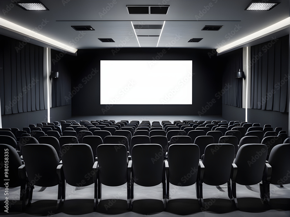 Fototapeta premium Cinema with black chairs with white blank screen. Mockup of hall, no people and auditorium