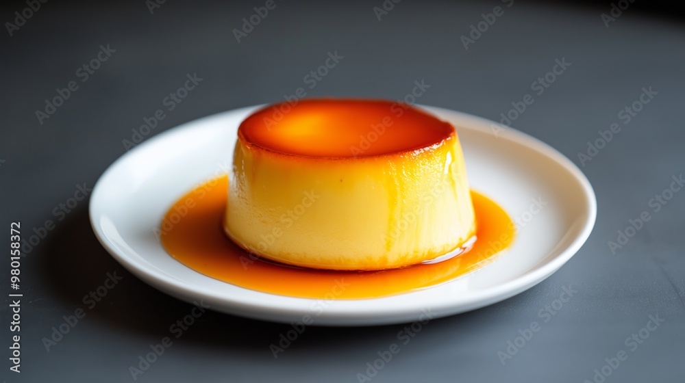 Creamy caramel flan served on a white plate with a glossy caramel sauce in a soft lit setting. Creamy caramel flan served on a white plate with a glossy caramel sauce in a soft lit setting.