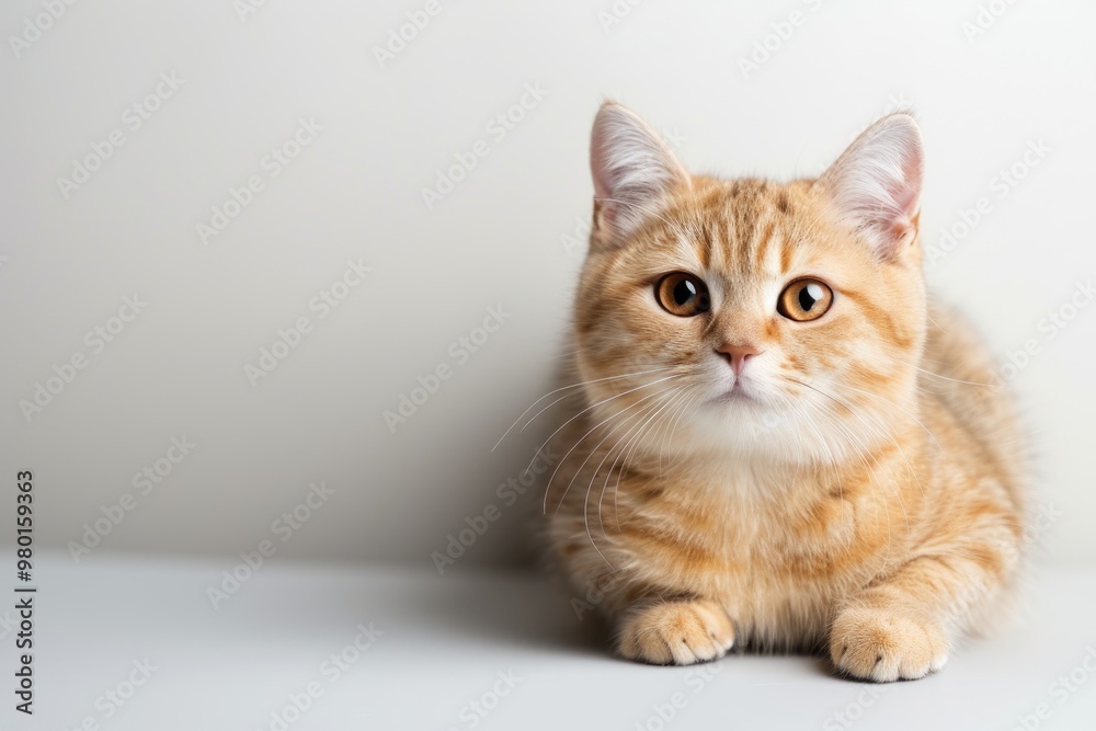 Obraz premium Adorable orange cat sitting gracefully with captivating eyes on a light background, perfect for pet-themed projects.
