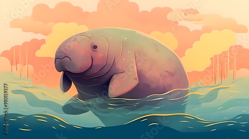 Dugong At sea Illustration Vector photo