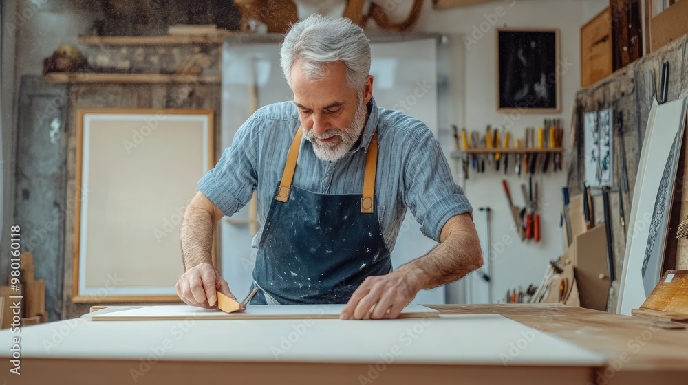 An elderly craftsman skillfully prepares a canvas in his workshop, showcasing dedication to the art of painting and craftsmanship. An elderly craftsman skillfully prepares a canvas in his workshop, showcasing dedication to the art of painting and craftsmanship.
