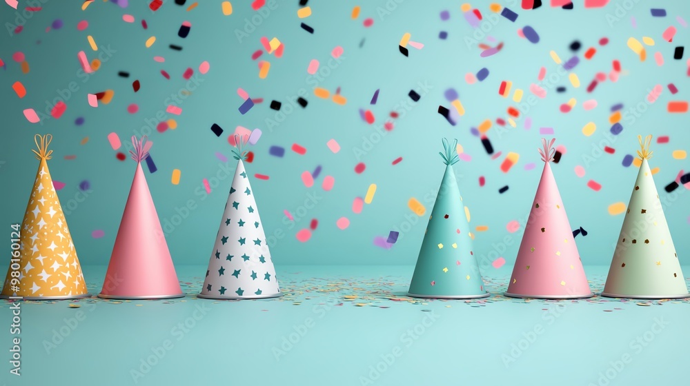 Obraz premium Colorful party hats with confetti on a turquoise background, perfect for celebration themes and festive occasions.