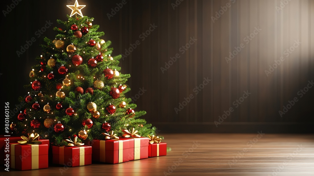 A beautifully decorated Christmas tree with red and gold ornaments surrounded by wrapped gifts, perfect for festive celebrations. A beautifully decorated Christmas tree with red and gold ornaments surrounded by wrapped gifts, perfect for festive celebrations.