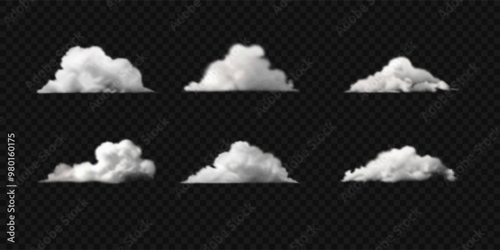 Set of white cumulus clouds. Vector realistic illustration. Smoke, fog or clouds isolated on transparent background