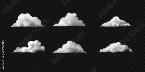 Set of white cumulus clouds. Vector realistic illustration. Smoke, fog or clouds isolated on transparent background