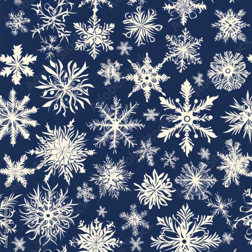 Beautiful collection of intricate snowflakes on a deep blue background, perfect for winter-themed designs and festive decor.