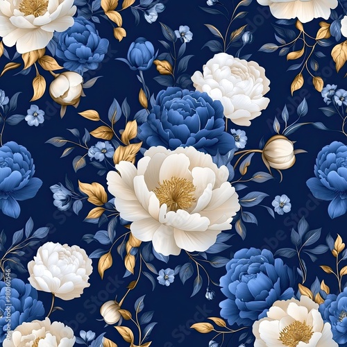 Beautiful floral pattern featuring blue and white flowers on a dark navy background, perfect for elegant designs. photo