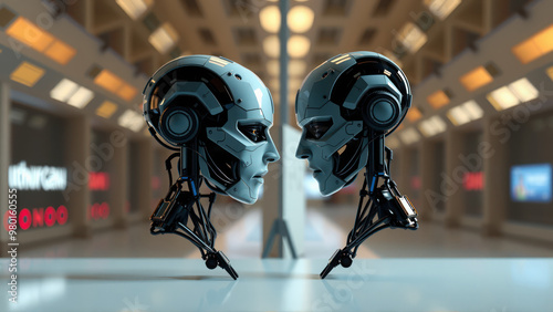 Indoor design of two robot heads. photo