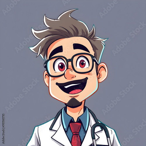 Una imagen de un muy sonriente médico con anteojos