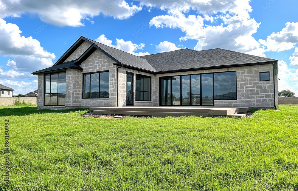 the backyard of a newly built home in modern-day Texas, featuring green grass and surrounded by stone walls. the backyard of a newly built home in modern-day Texas, featuring green grass and surrounded by stone walls.