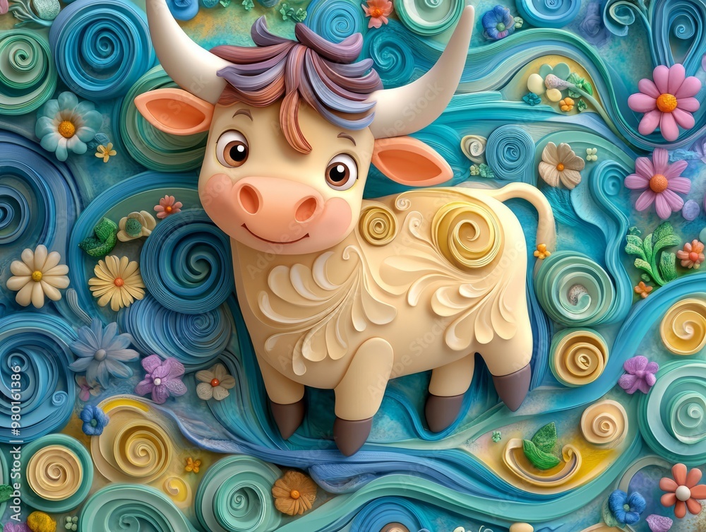 Whimsical 3D Claymation Bull Surrounded by Vibrant Waves and Flowers | Ultra HD Animation Cartoon Art Piece Whimsical 3D Claymation Bull Surrounded by Vibrant Waves and Flowers | Ultra HD Animation Cartoon Art Piece