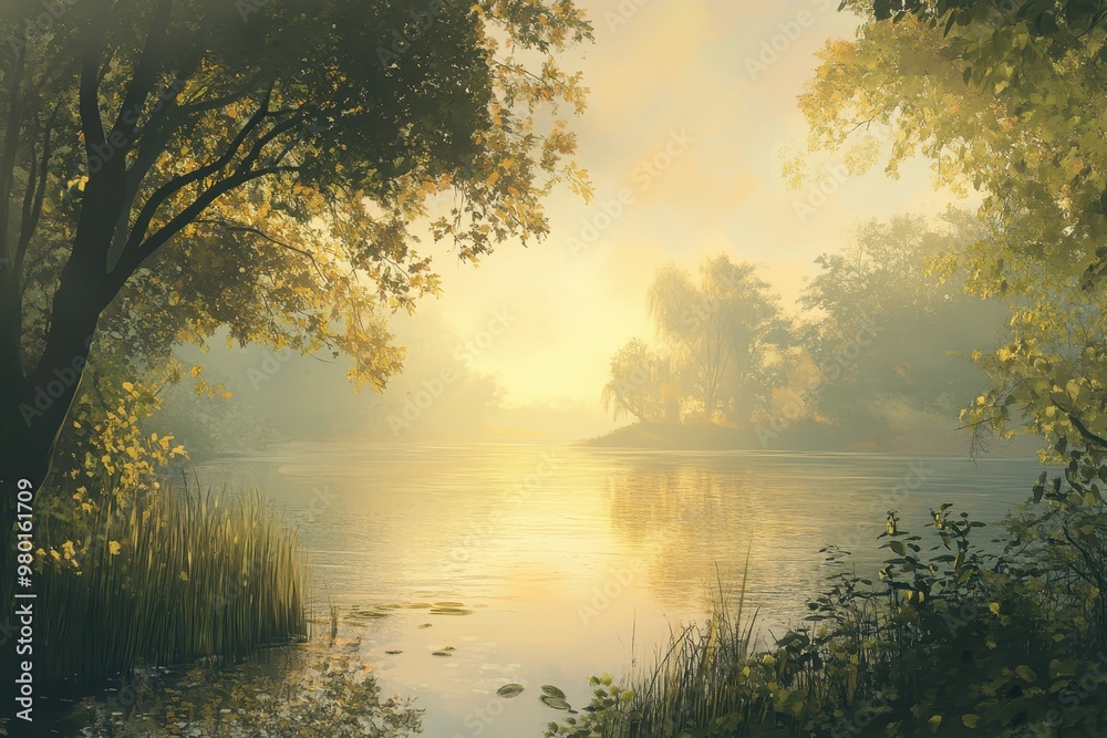 Fototapeta premium Golden Hour on a Foggy Riverbank