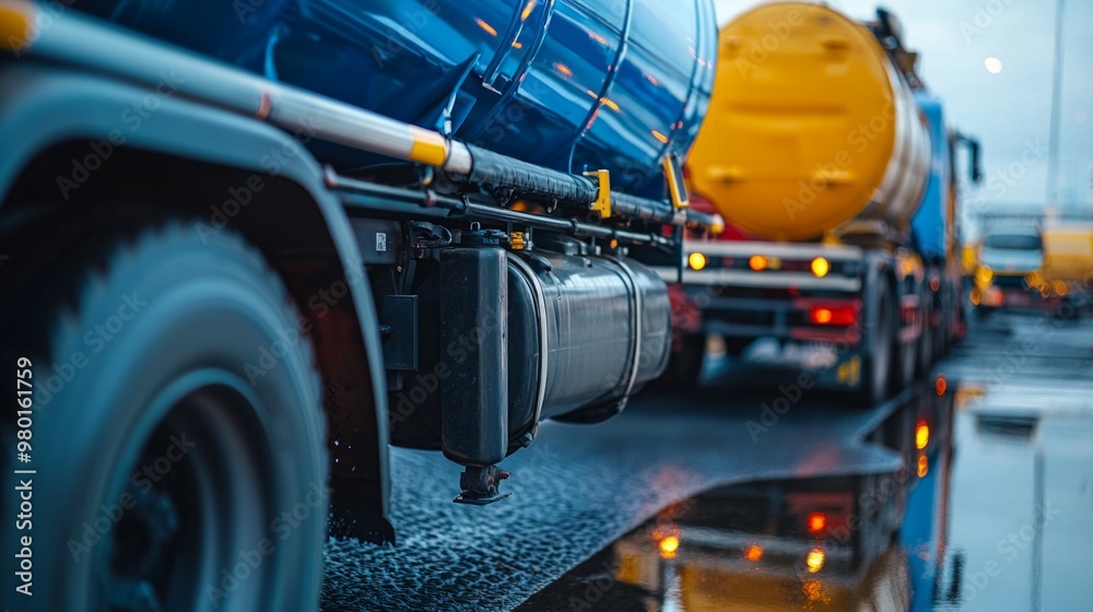 Fuel transport in industrial petroleum plant. Closeup of fuel truck at oil depot Concept Transportation Fuel Industry Oil Depot Operations Refueling Process Closeup Fuel transport in industrial petroleum plant. Closeup of fuel truck at oil depot Concept Transportation Fuel Industry Oil Depot Operations Refueling Process Closeup