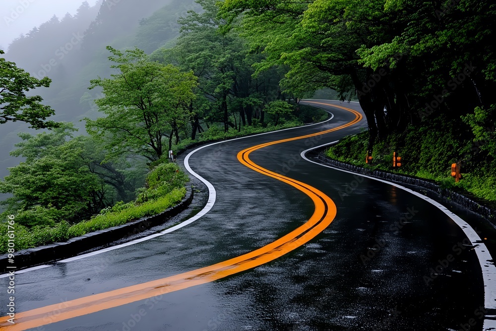 Fototapeta premium A road cursed by a tragedy that repeats itself every year, with ghostly reenactments playing out in the fog