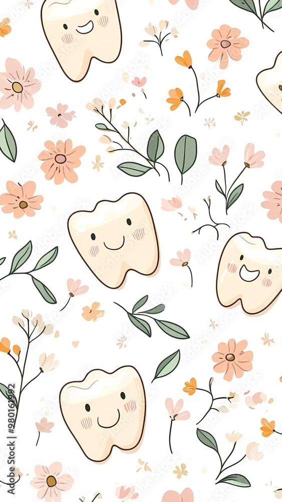 Fototapeta premium Seamless Pattern of Cute Smiling Teeth with Floral Elements - Cartoon Dental Care and Nature-Themed Illustration