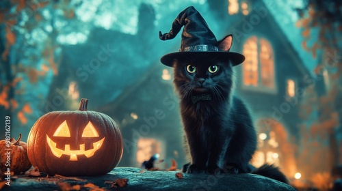 Cute black cat with a witch hat