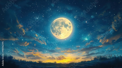 Starry Night Sky with Glowing Full Moon Center Stage