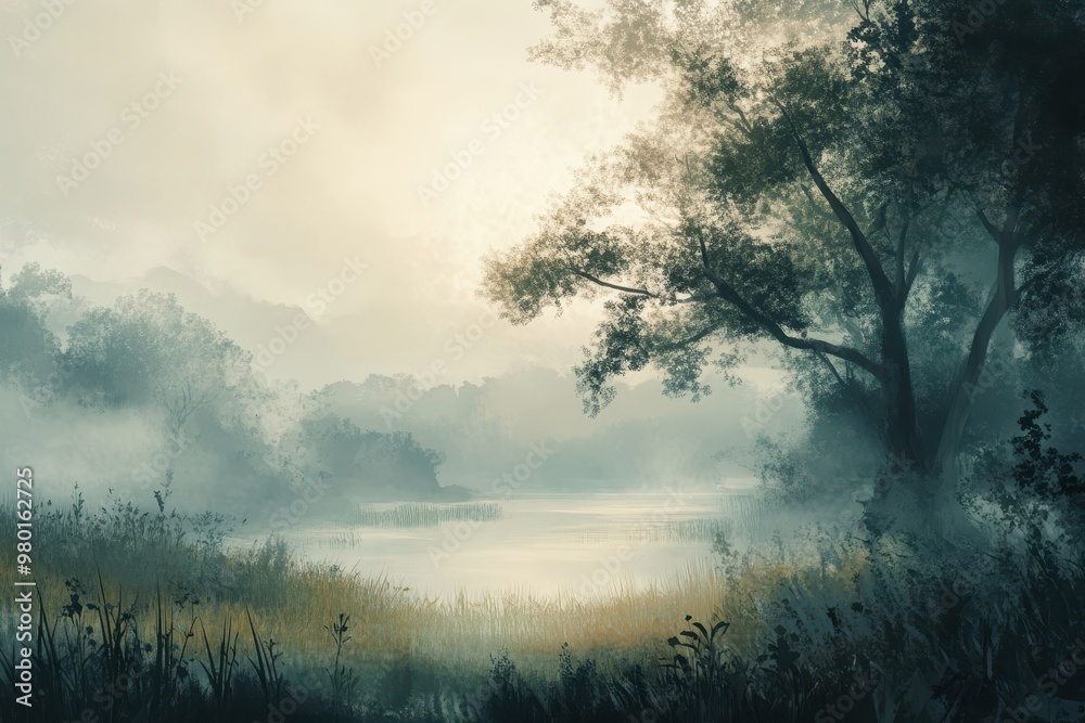 A Misty Lake Surrounded by Trees and Grass