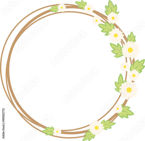 Daisy flower with leaves doodle wreath illustration for decoration on flower ornament.